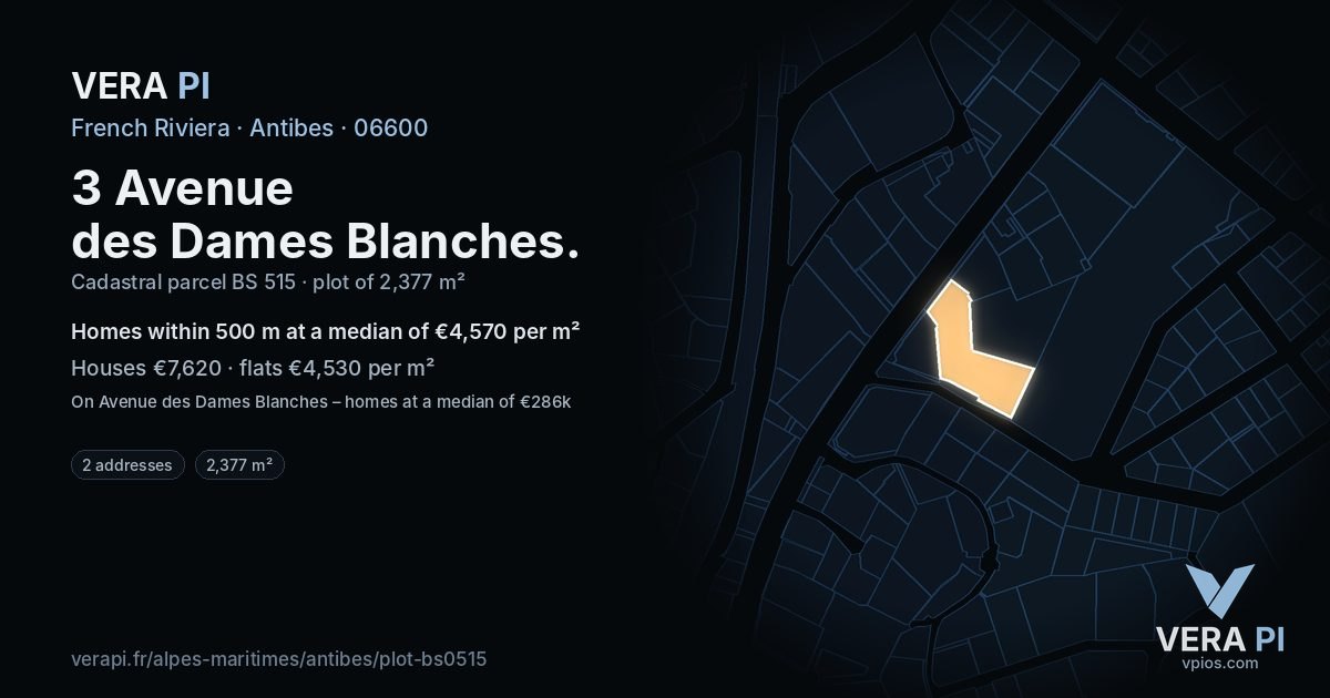 3 Avenue des Dames Blanches, Antibes at night – the plot lit, the parcels around coloured by the prices near them