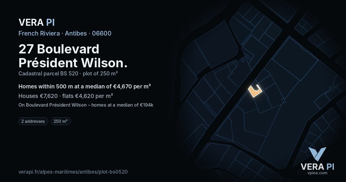 27 Boulevard Président Wilson, Antibes at night – the plot lit, the parcels around coloured by the prices near them