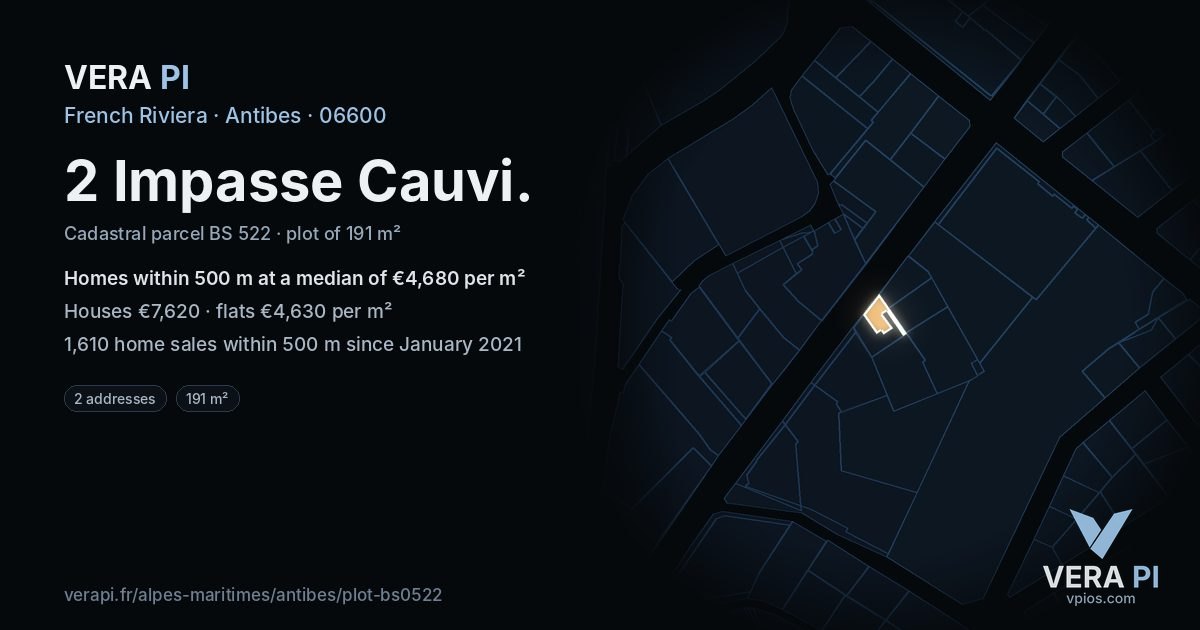 2 Impasse Cauvi, Antibes at night – the plot lit, the parcels around coloured by the prices near them