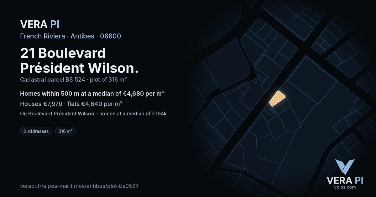 21 Boulevard Président Wilson, Antibes at night – the plot lit, the parcels around coloured by the prices near them