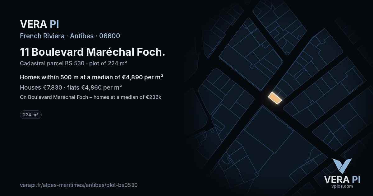 11 Boulevard Maréchal Foch, Antibes at night – the plot lit, the parcels around coloured by the prices near them