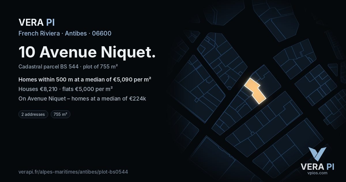 10 Avenue Niquet, Antibes at night – the plot lit, the parcels around coloured by the prices near them