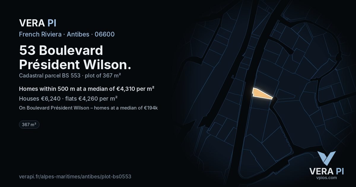 53 Boulevard Président Wilson, Antibes at night – the plot lit, the parcels around coloured by the prices near them