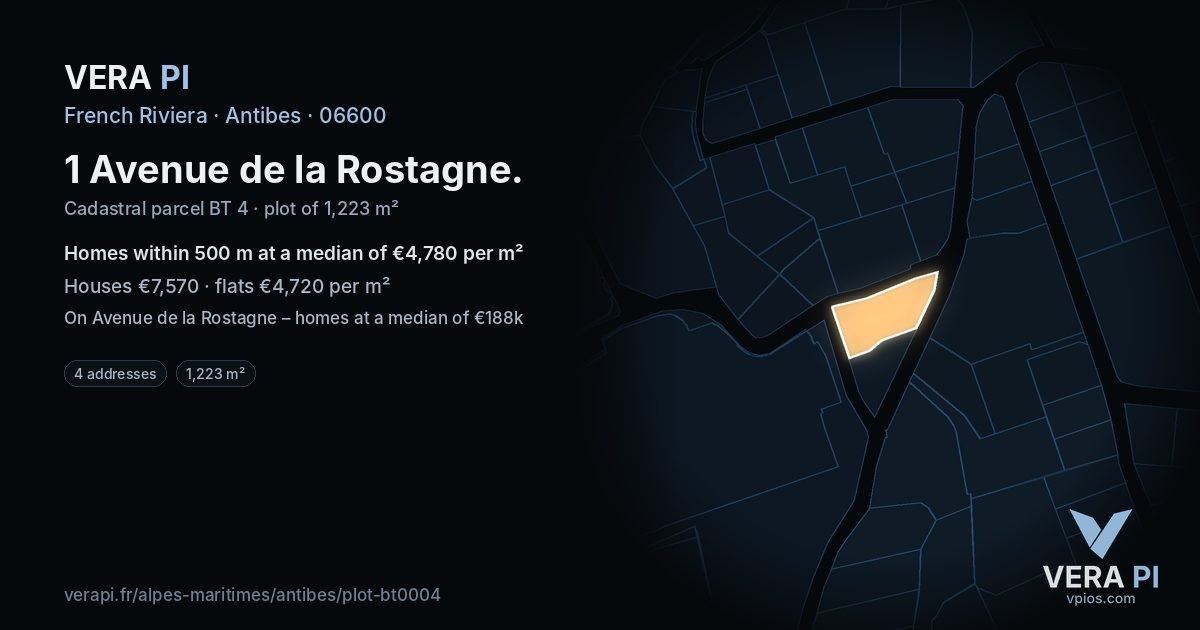 1 Avenue de la Rostagne, Antibes at night – the plot lit, the parcels around coloured by the prices near them