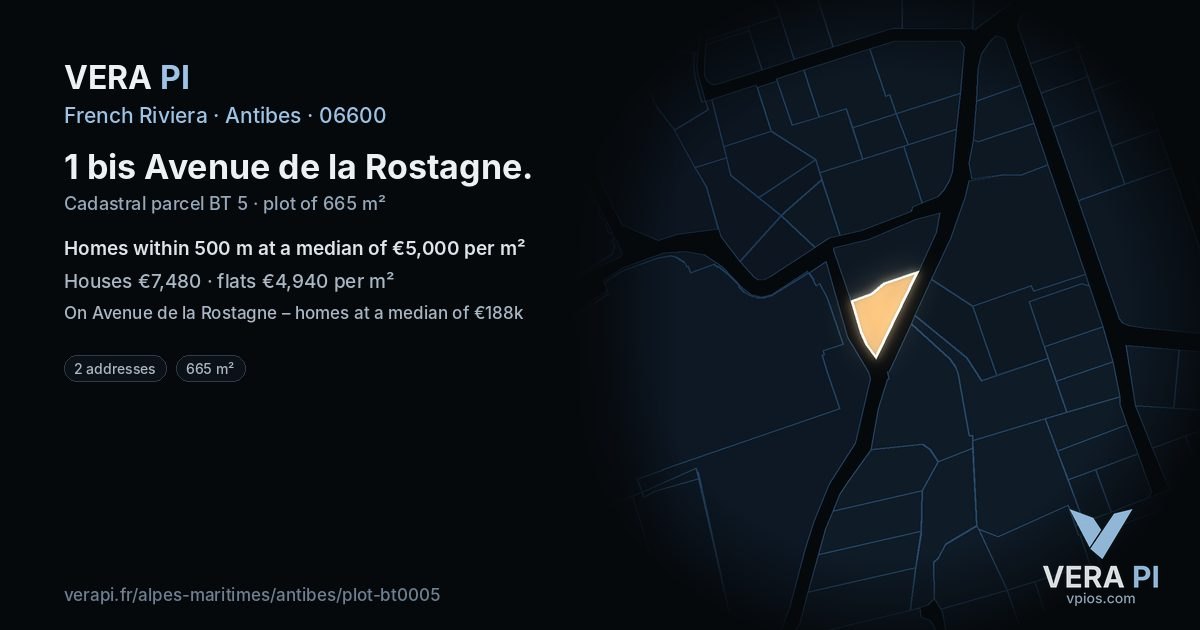 1 bis Avenue de la Rostagne, Antibes at night – the plot lit, the parcels around coloured by the prices near them