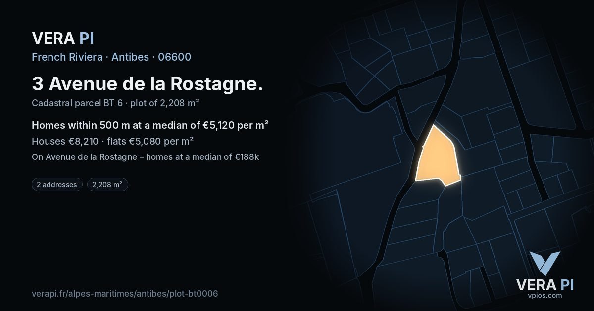3 Avenue de la Rostagne, Antibes at night – the plot lit, the parcels around coloured by the prices near them