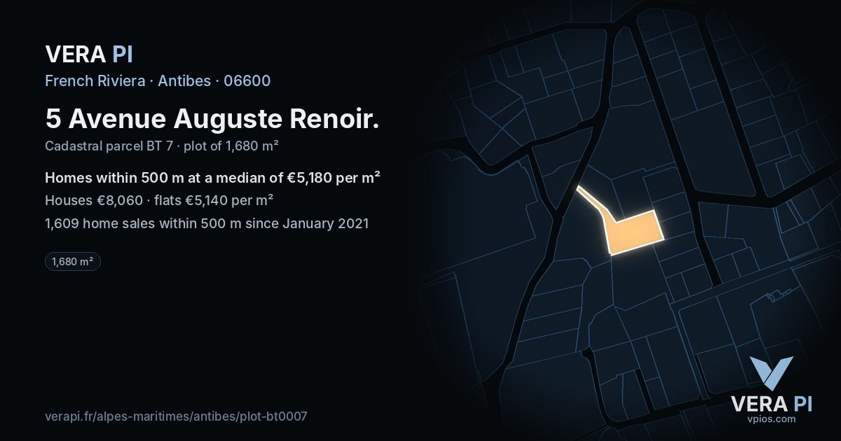 5 Avenue Auguste Renoir, Antibes at night – the plot lit, the parcels around coloured by the prices near them