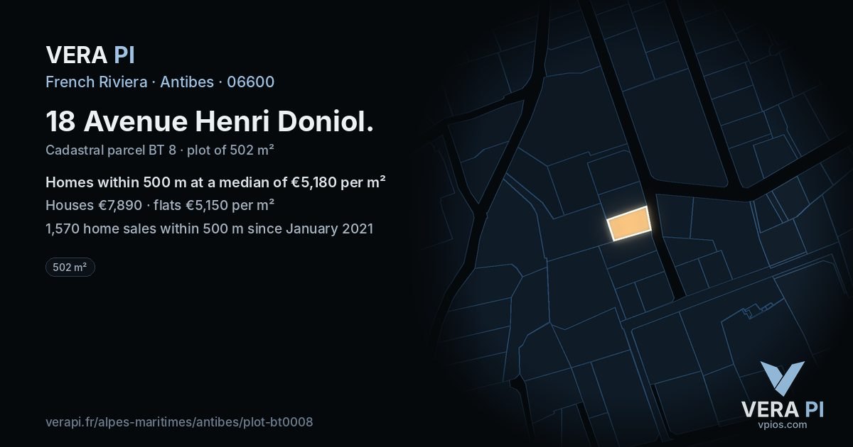 18 Avenue Henri Doniol, Antibes at night – the plot lit, the parcels around coloured by the prices near them