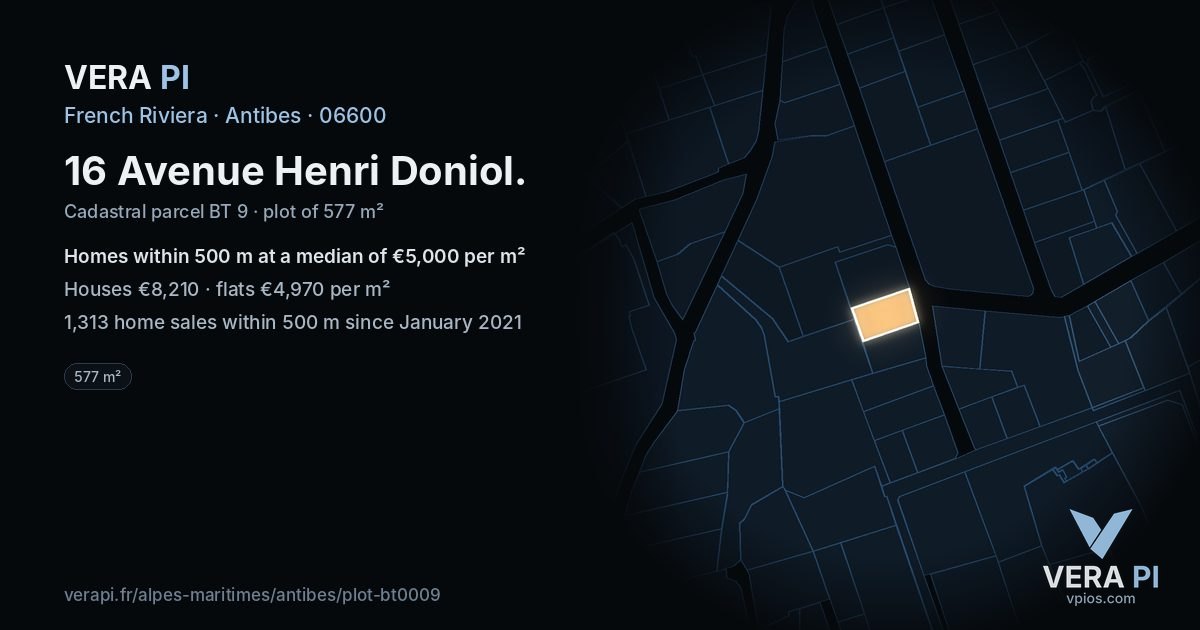 16 Avenue Henri Doniol, Antibes at night – the plot lit, the parcels around coloured by the prices near them