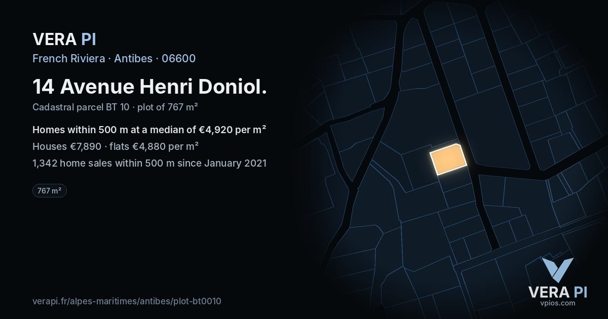 14 Avenue Henri Doniol, Antibes at night – the plot lit, the parcels around coloured by the prices near them