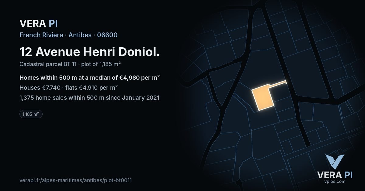 12 Avenue Henri Doniol, Antibes at night – the plot lit, the parcels around coloured by the prices near them