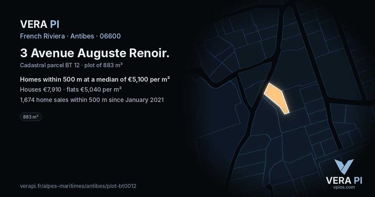 3 Avenue Auguste Renoir, Antibes at night – the plot lit, the parcels around coloured by the prices near them