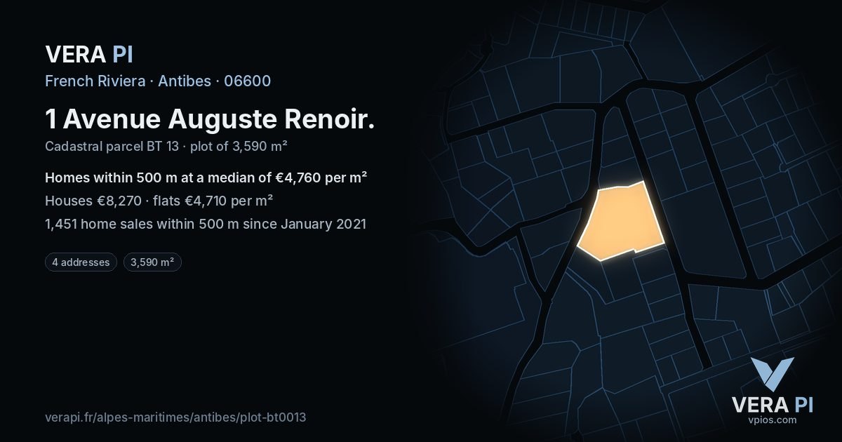 1 Avenue Auguste Renoir, Antibes at night – the plot lit, the parcels around coloured by the prices near them