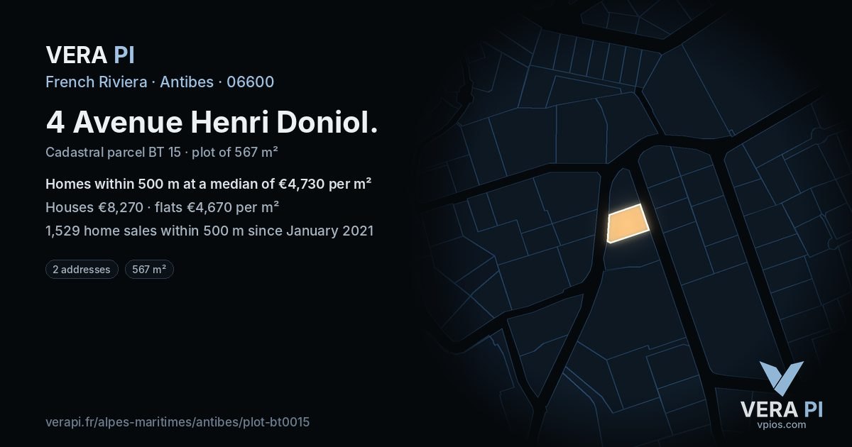 4 Avenue Henri Doniol, Antibes at night – the plot lit, the parcels around coloured by the prices near them