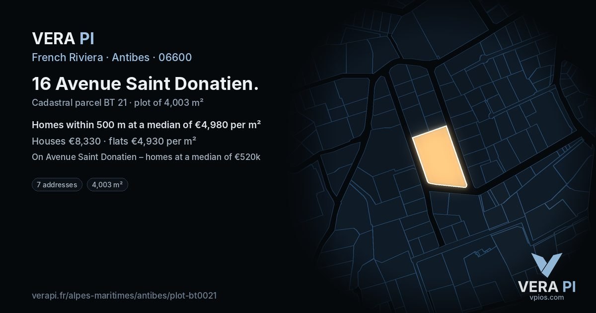16 Avenue Saint Donatien, Antibes at night – the plot lit, the parcels around coloured by the prices near them