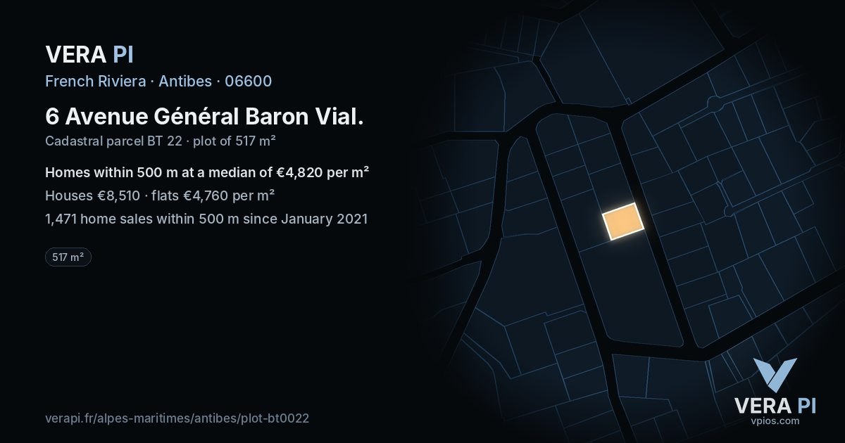 6 Avenue Général Baron Vial, Antibes at night – the plot lit, the parcels around coloured by the prices near them