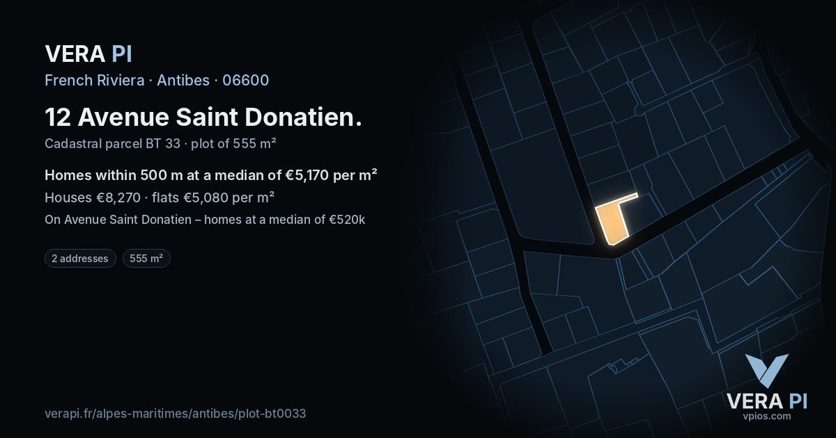12 Avenue Saint Donatien, Antibes at night – the plot lit, the parcels around coloured by the prices near them