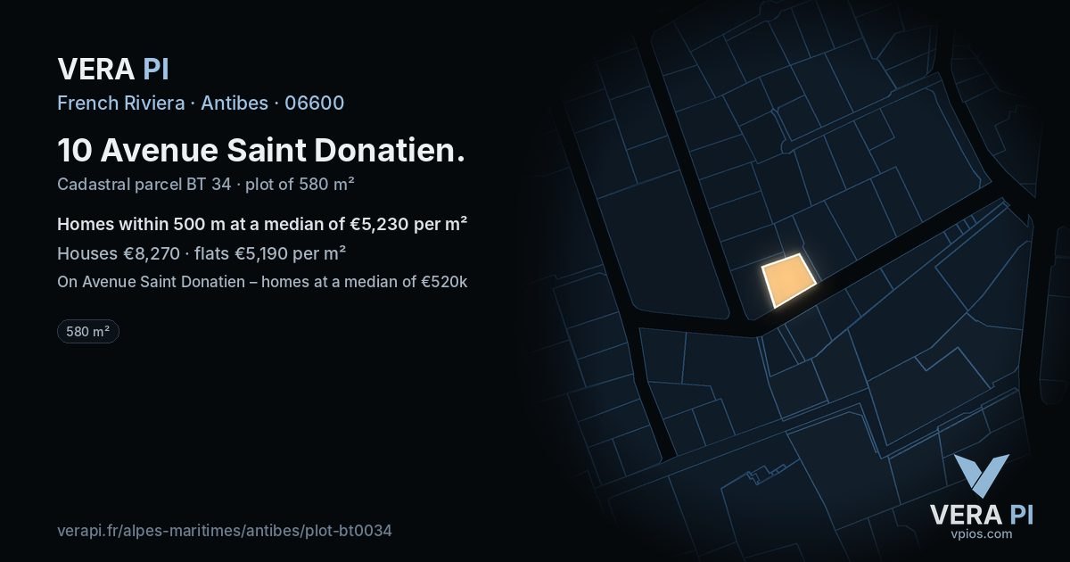 10 Avenue Saint Donatien, Antibes at night – the plot lit, the parcels around coloured by the prices near them