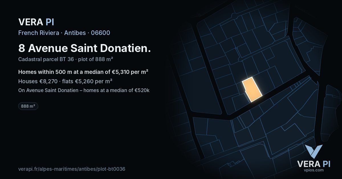 8 Avenue Saint Donatien, Antibes at night – the plot lit, the parcels around coloured by the prices near them