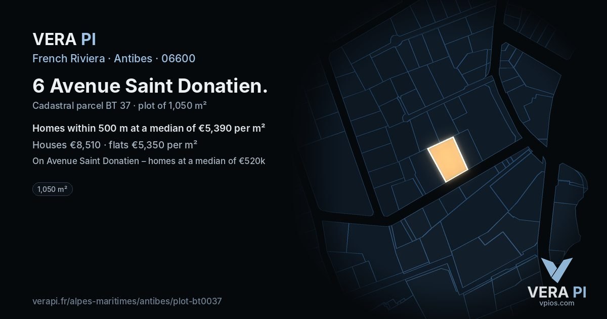 6 Avenue Saint Donatien, Antibes at night – the plot lit, the parcels around coloured by the prices near them