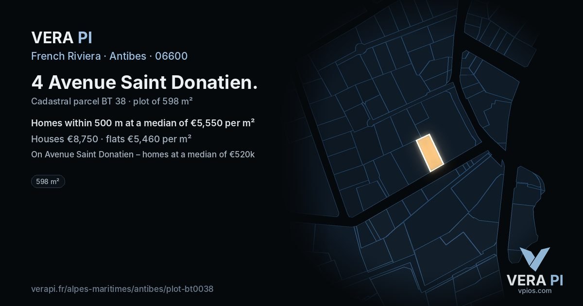 4 Avenue Saint Donatien, Antibes at night – the plot lit, the parcels around coloured by the prices near them