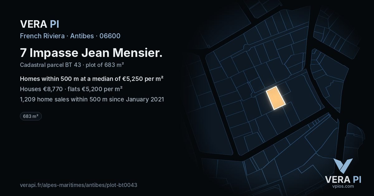 7 Impasse Jean Mensier, Antibes at night – the plot lit, the parcels around coloured by the prices near them