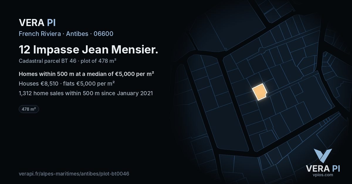 12 Impasse Jean Mensier, Antibes at night – the plot lit, the parcels around coloured by the prices near them