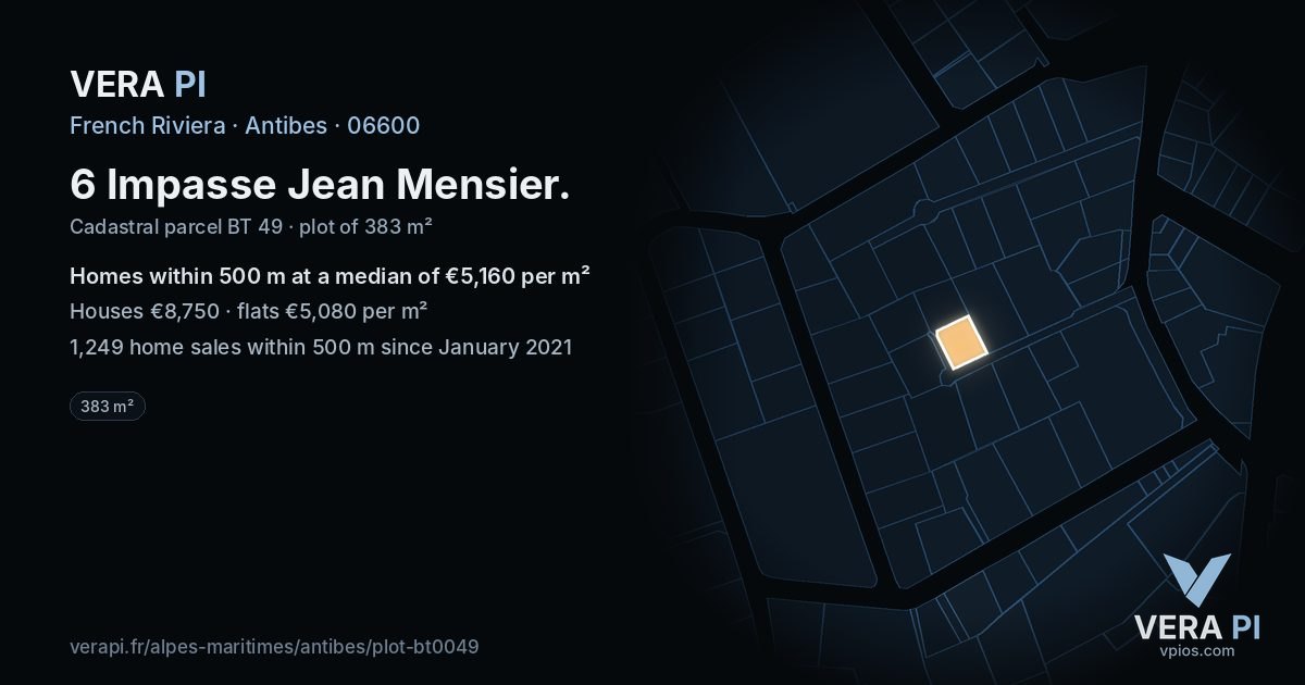 6 Impasse Jean Mensier, Antibes at night – the plot lit, the parcels around coloured by the prices near them