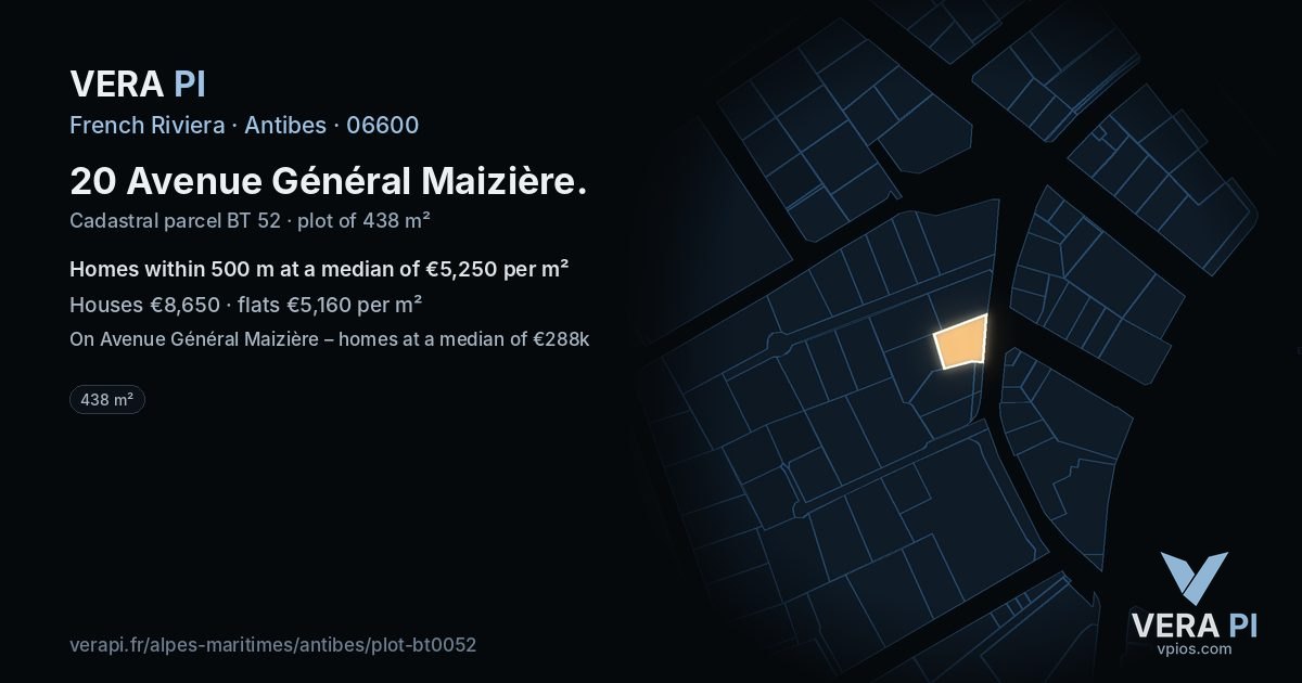 20 Avenue Général Maizière, Antibes at night – the plot lit, the parcels around coloured by the prices near them
