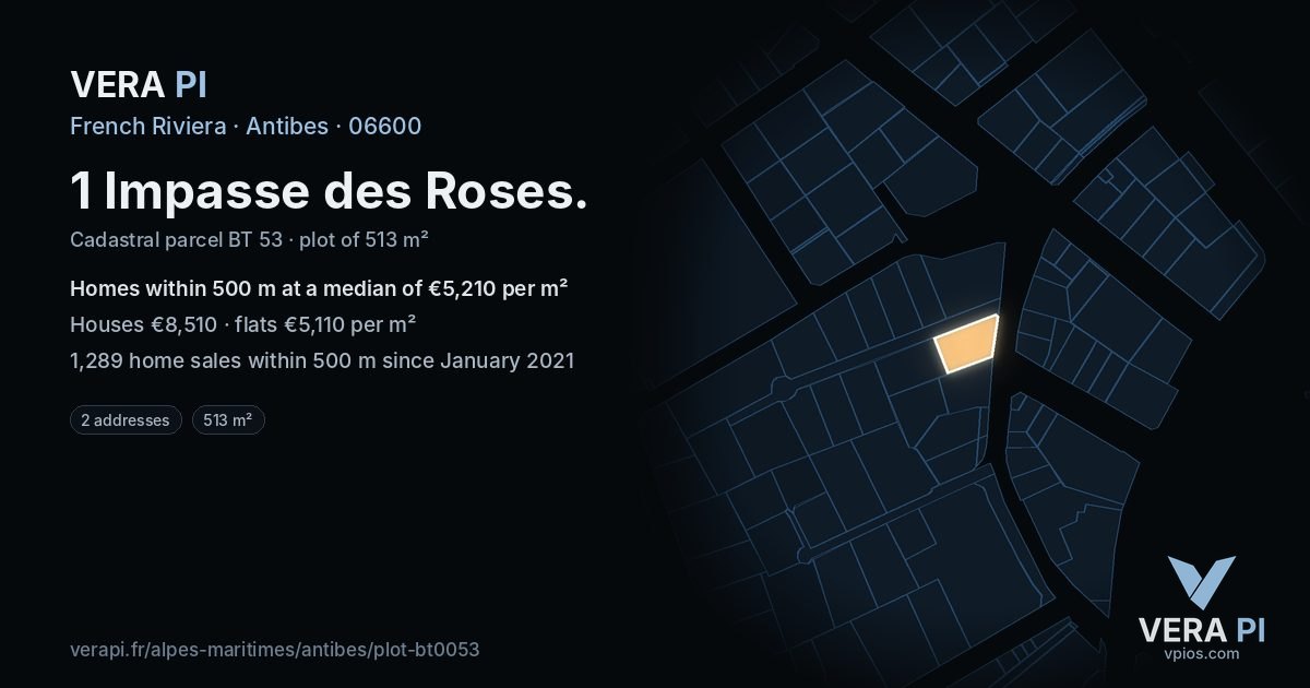 1 Impasse des Roses, Antibes at night – the plot lit, the parcels around coloured by the prices near them