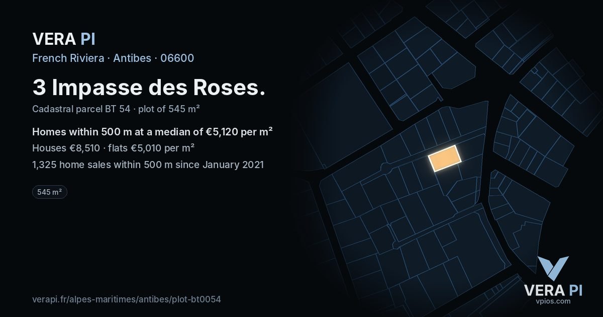 3 Impasse des Roses, Antibes at night – the plot lit, the parcels around coloured by the prices near them