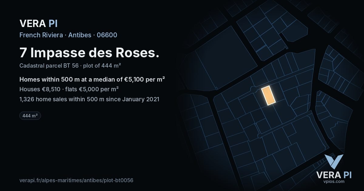 7 Impasse des Roses, Antibes at night – the plot lit, the parcels around coloured by the prices near them