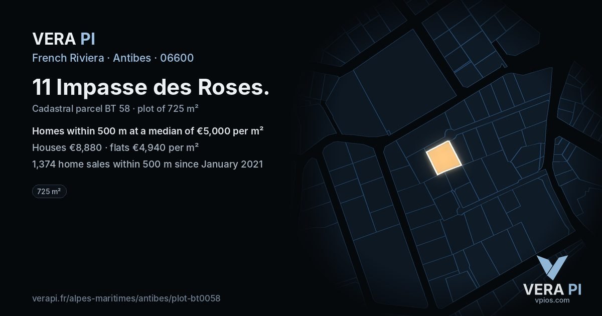 11 Impasse des Roses, Antibes at night – the plot lit, the parcels around coloured by the prices near them