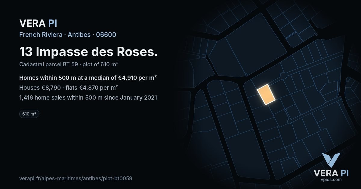 13 Impasse des Roses, Antibes at night – the plot lit, the parcels around coloured by the prices near them