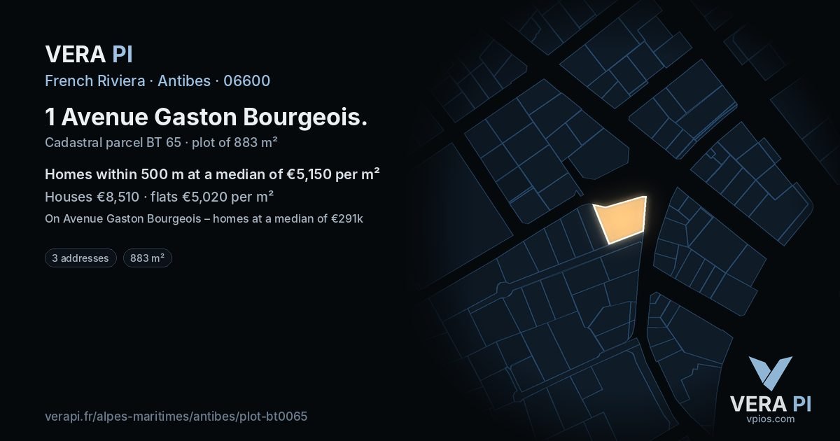 1 Avenue Gaston Bourgeois, Antibes at night – the plot lit, the parcels around coloured by the prices near them