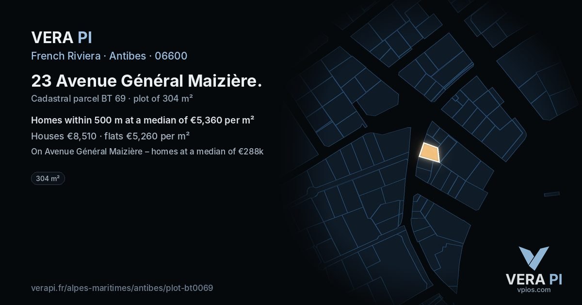 23 Avenue Général Maizière, Antibes at night – the plot lit, the parcels around coloured by the prices near them