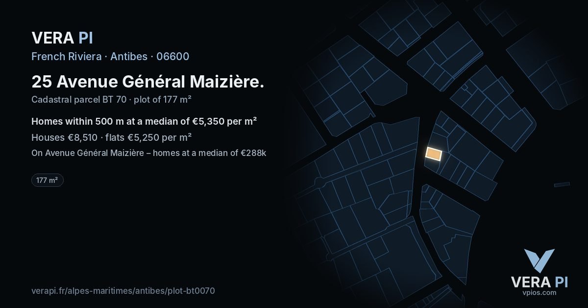 25 Avenue Général Maizière, Antibes at night – the plot lit, the parcels around coloured by the prices near them