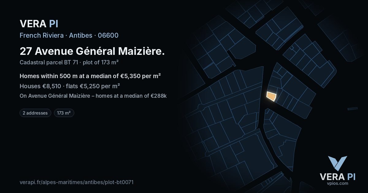 27 Avenue Général Maizière, Antibes at night – the plot lit, the parcels around coloured by the prices near them