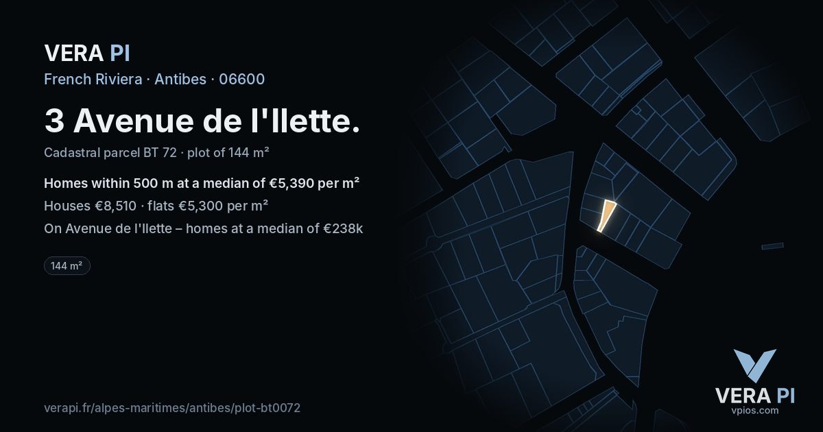 3 Avenue de l'Ilette, Antibes at night – the plot lit, the parcels around coloured by the prices near them