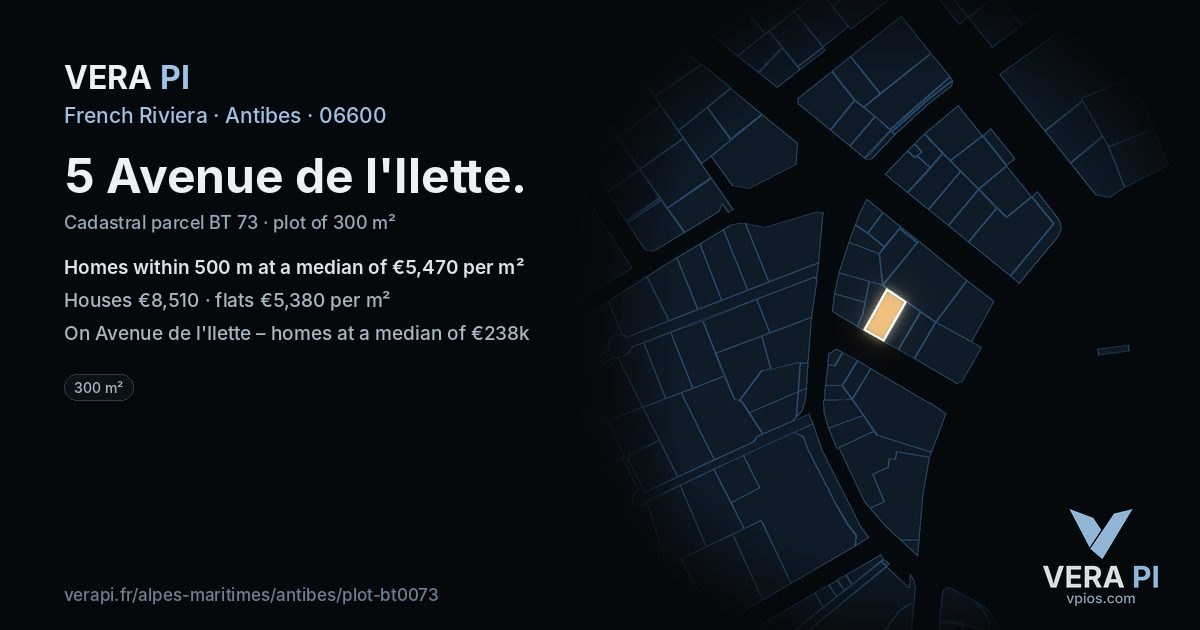 5 Avenue de l'Ilette, Antibes at night – the plot lit, the parcels around coloured by the prices near them