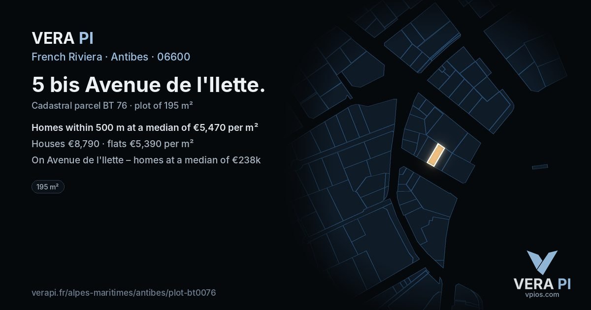 5 bis Avenue de l'Ilette, Antibes at night – the plot lit, the parcels around coloured by the prices near them