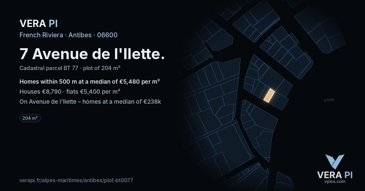 7 Avenue de l'Ilette, Antibes at night – the plot lit, the parcels around coloured by the prices near them