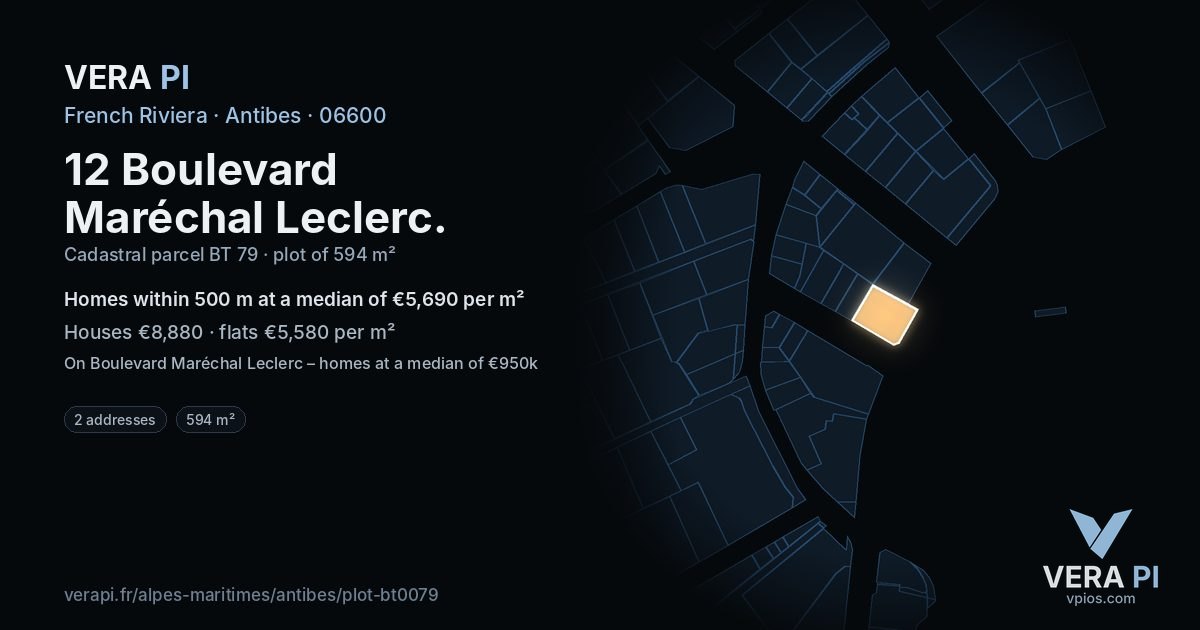 12 Boulevard Maréchal Leclerc, Antibes at night – the plot lit, the parcels around coloured by the prices near them