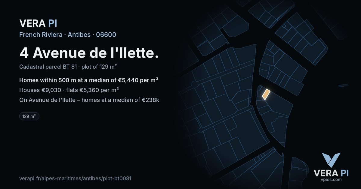 4 Avenue de l'Ilette, Antibes at night – the plot lit, the parcels around coloured by the prices near them