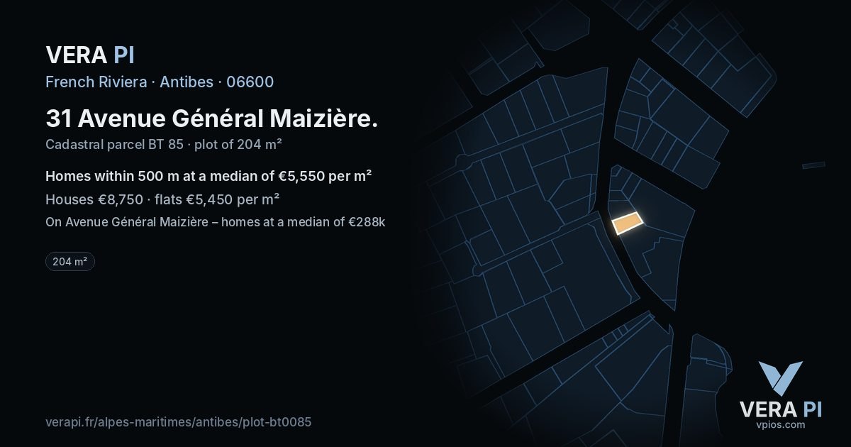 31 Avenue Général Maizière, Antibes at night – the plot lit, the parcels around coloured by the prices near them