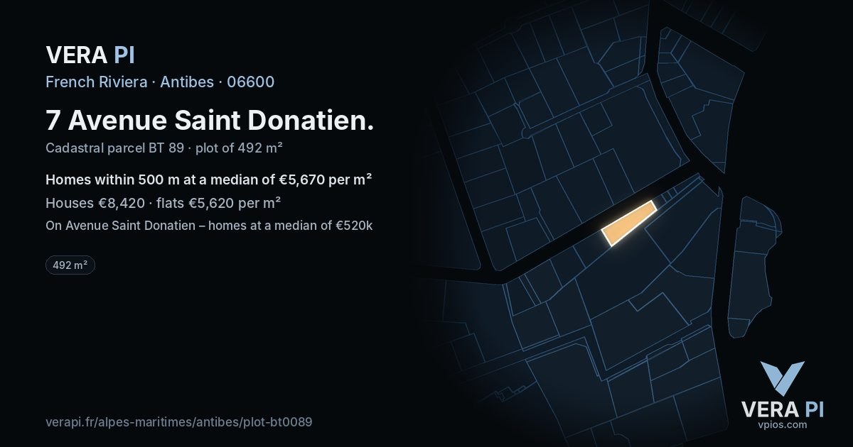 7 Avenue Saint Donatien, Antibes at night – the plot lit, the parcels around coloured by the prices near them