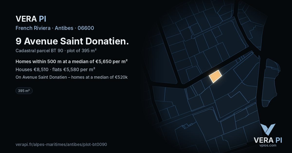 9 Avenue Saint Donatien, Antibes at night – the plot lit, the parcels around coloured by the prices near them
