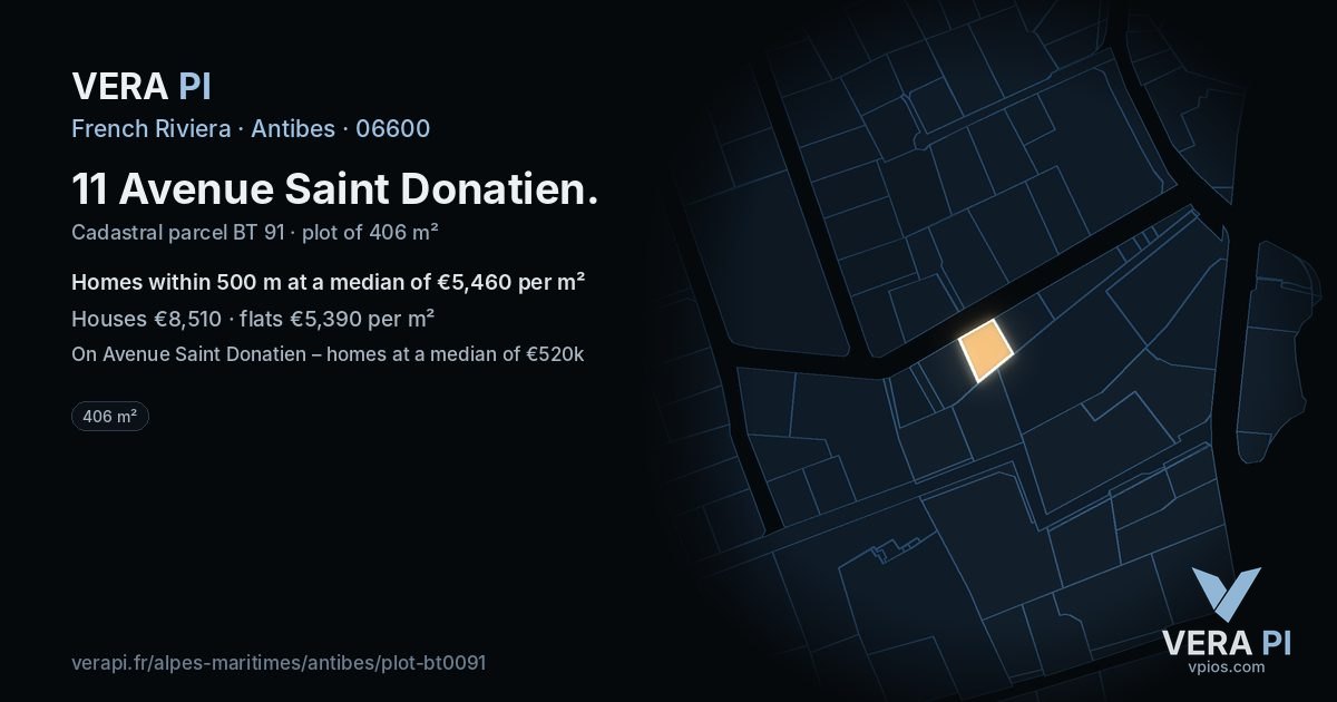 11 Avenue Saint Donatien, Antibes at night – the plot lit, the parcels around coloured by the prices near them