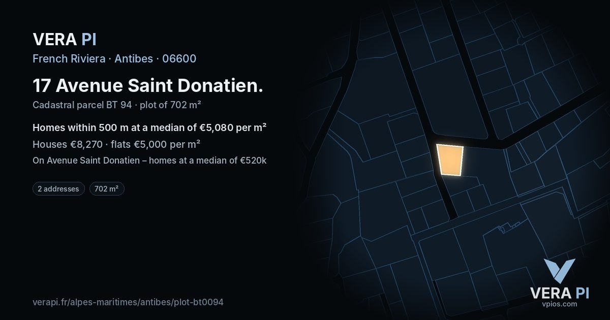 17 Avenue Saint Donatien, Antibes at night – the plot lit, the parcels around coloured by the prices near them