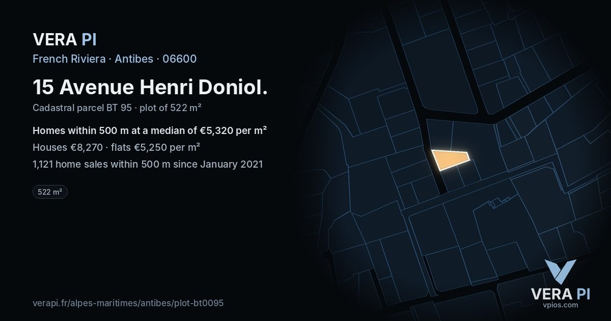 15 Avenue Henri Doniol, Antibes at night – the plot lit, the parcels around coloured by the prices near them